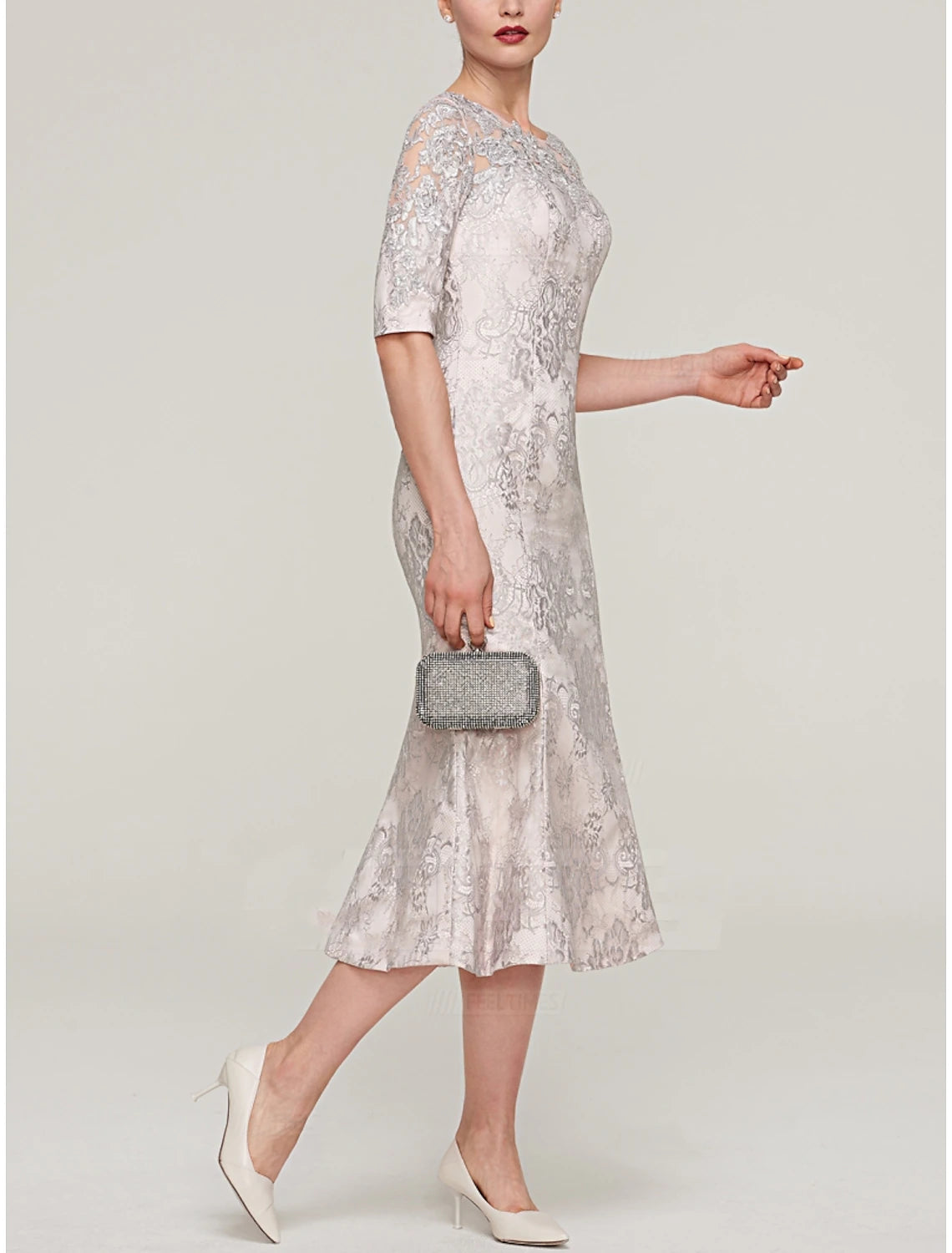 Mermaid / Trumpet Mother of the Bride Dress Wedding Guest Elegant Petite Jewel Neck Tea Length Stretch Satin Imitated Silk Half Sleeve with Lace Pleats