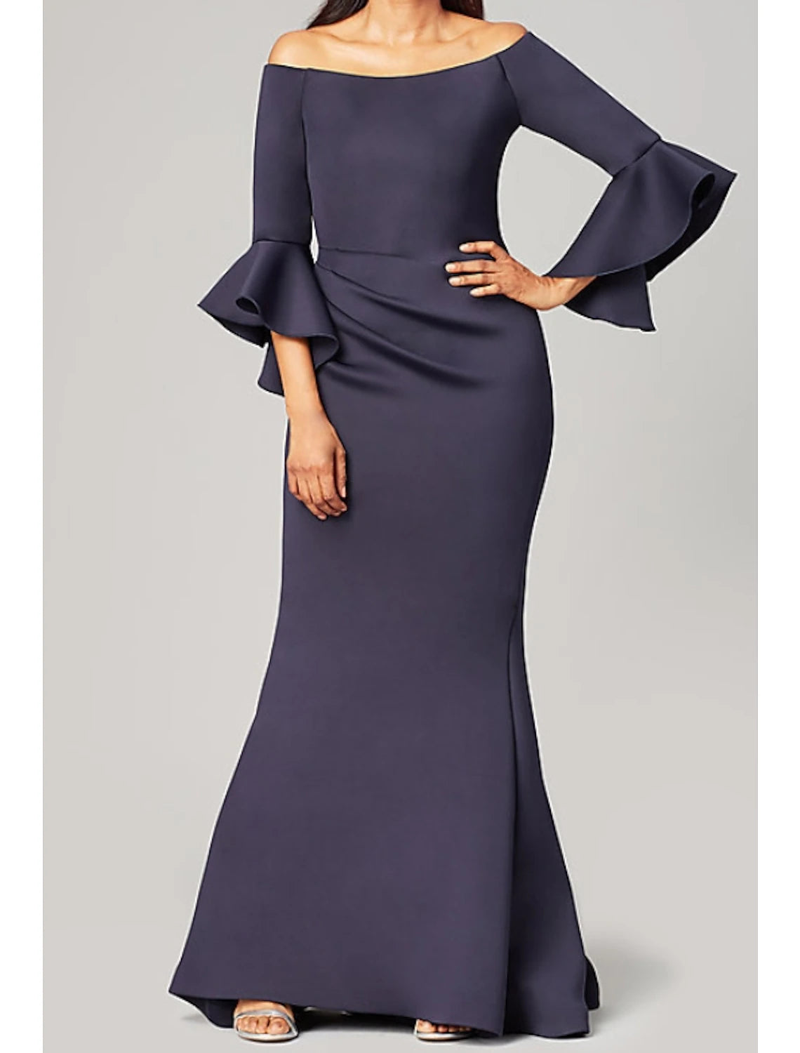 Mermaid / Trumpet Mother of the Bride Dress Elegant Off Shoulder Floor Length Satin 3/4 Length Sleeve with Ruffles