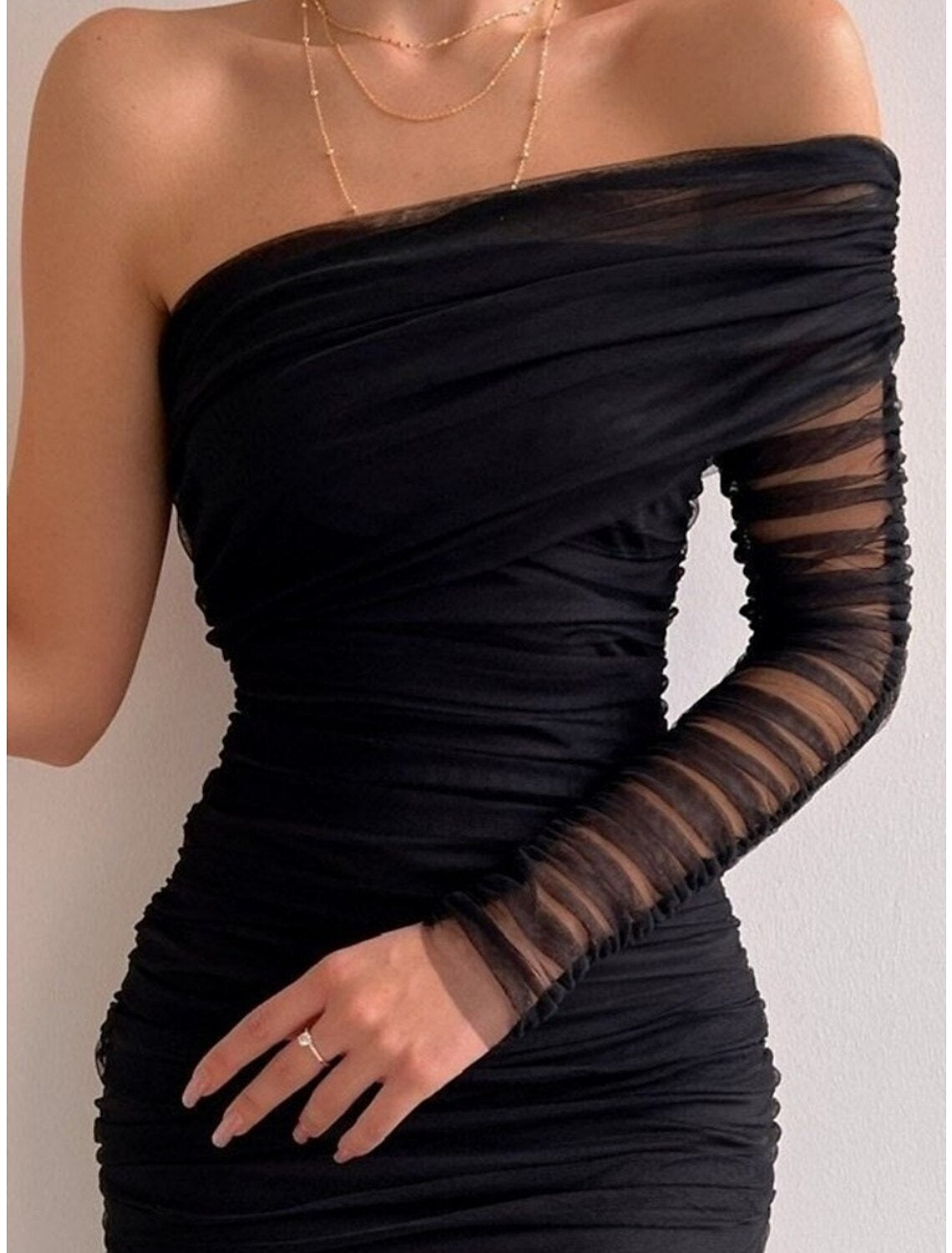 Sheath / Column Evening Gown Sexy Dress Formal Knee Length Long Sleeve One Shoulder Tulle with Ruched Slit