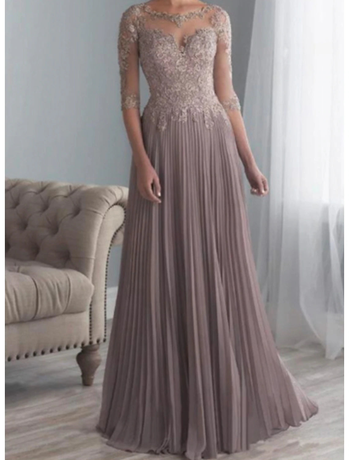 A-Line Mother of the Bride Dress Plus Size Elegant See Through Bateau Neck Sweep / Brush Train Chiffon Lace Half Sleeve with Sash / Ribbon Appliques