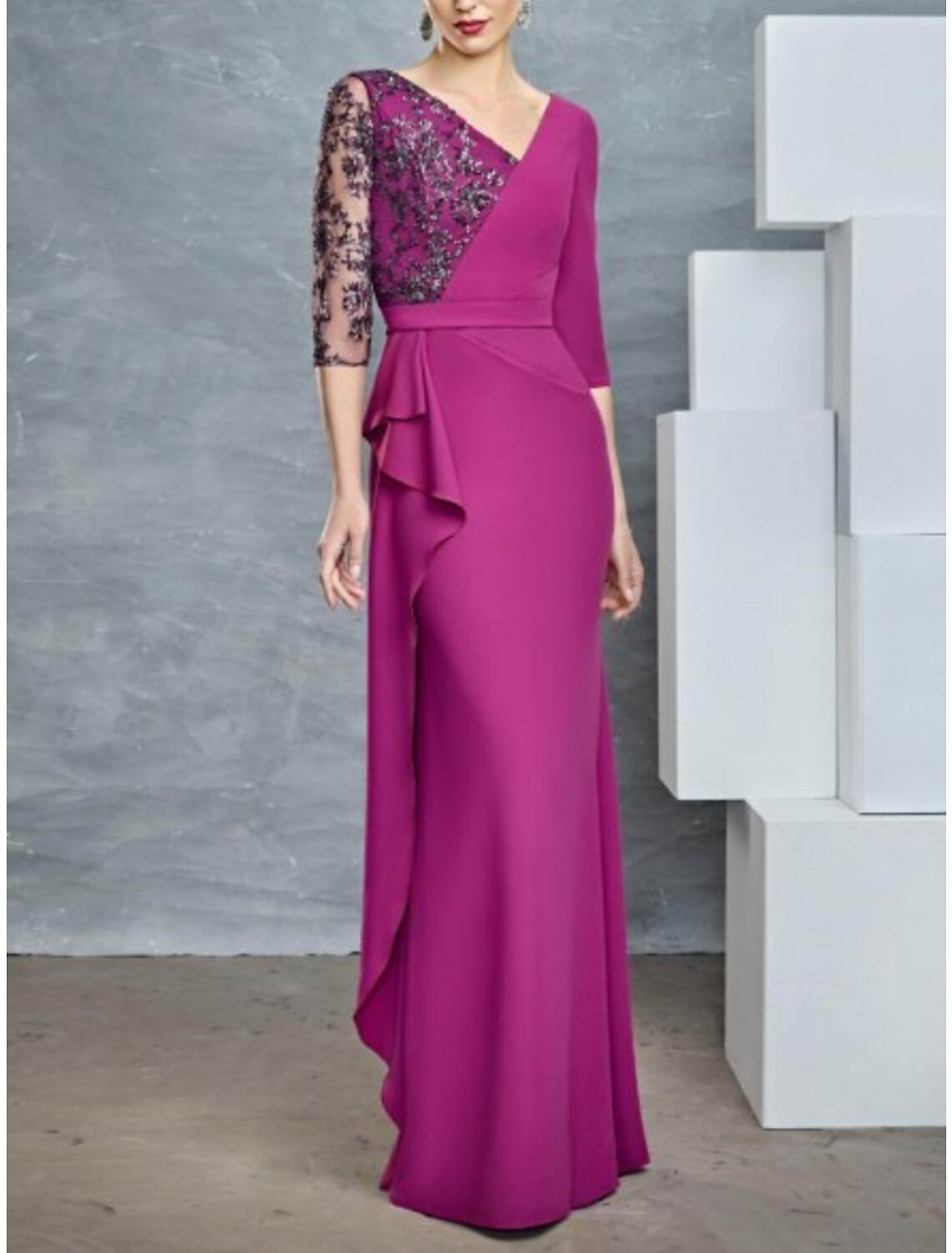 Sheath / Column Mother of the Bride Dress Wedding Guest Elegant V Neck Floor Length Stretch Chiffon Half Sleeve with Lace Ruching