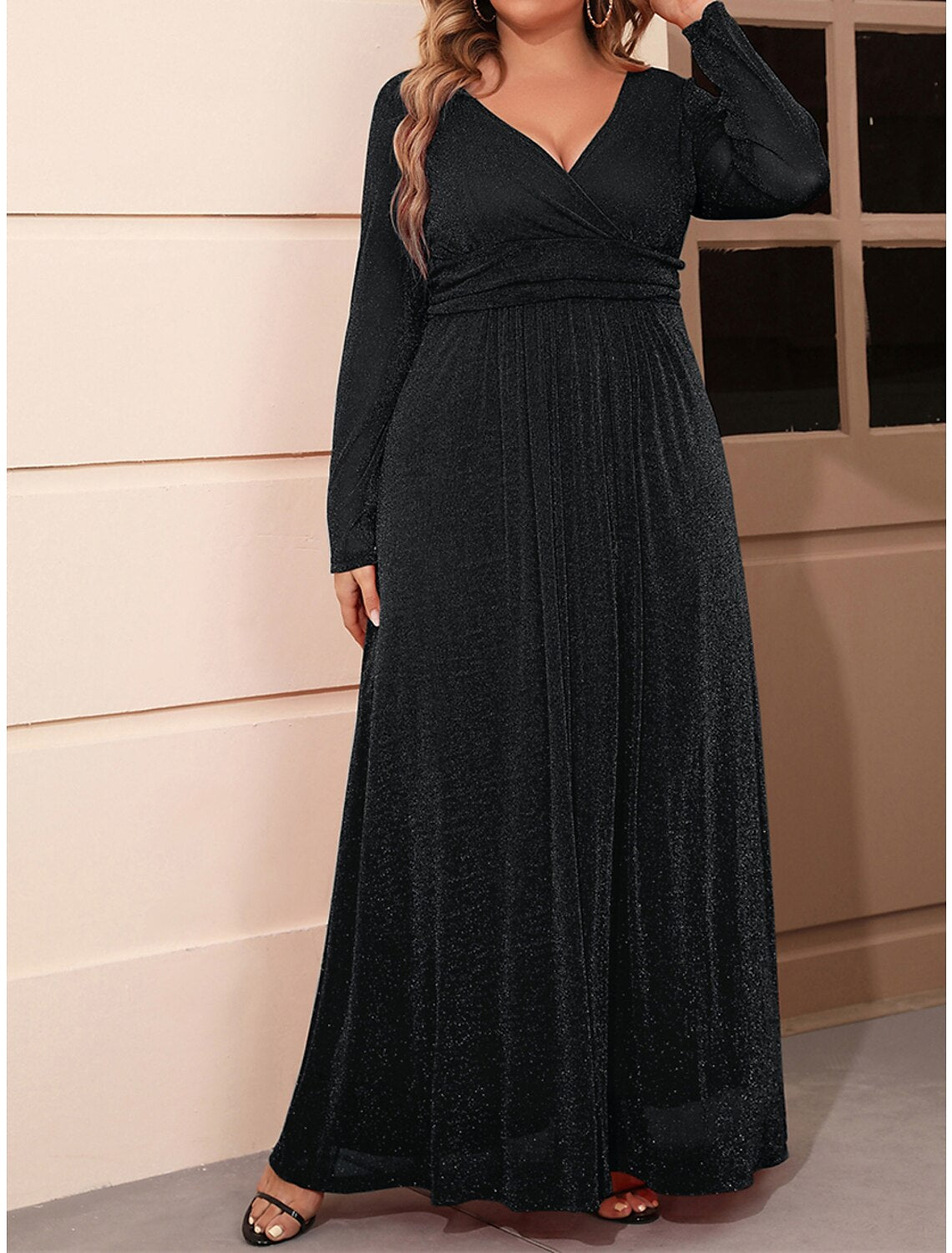 Women's Plus Size Black Dress Prom Dress Party Dress Long Dress Maxi Dress Black Red Long Sleeve Plain Mesh Summer Spring Fall V Neck Elegant Wedding Guest Birthday Evening Party