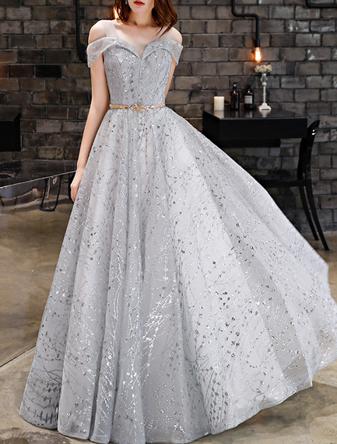 A-Line Sparkle Elegant Prom Formal Evening Dress V Neck V Back Sleeveless Floor Length Lace with Sequin