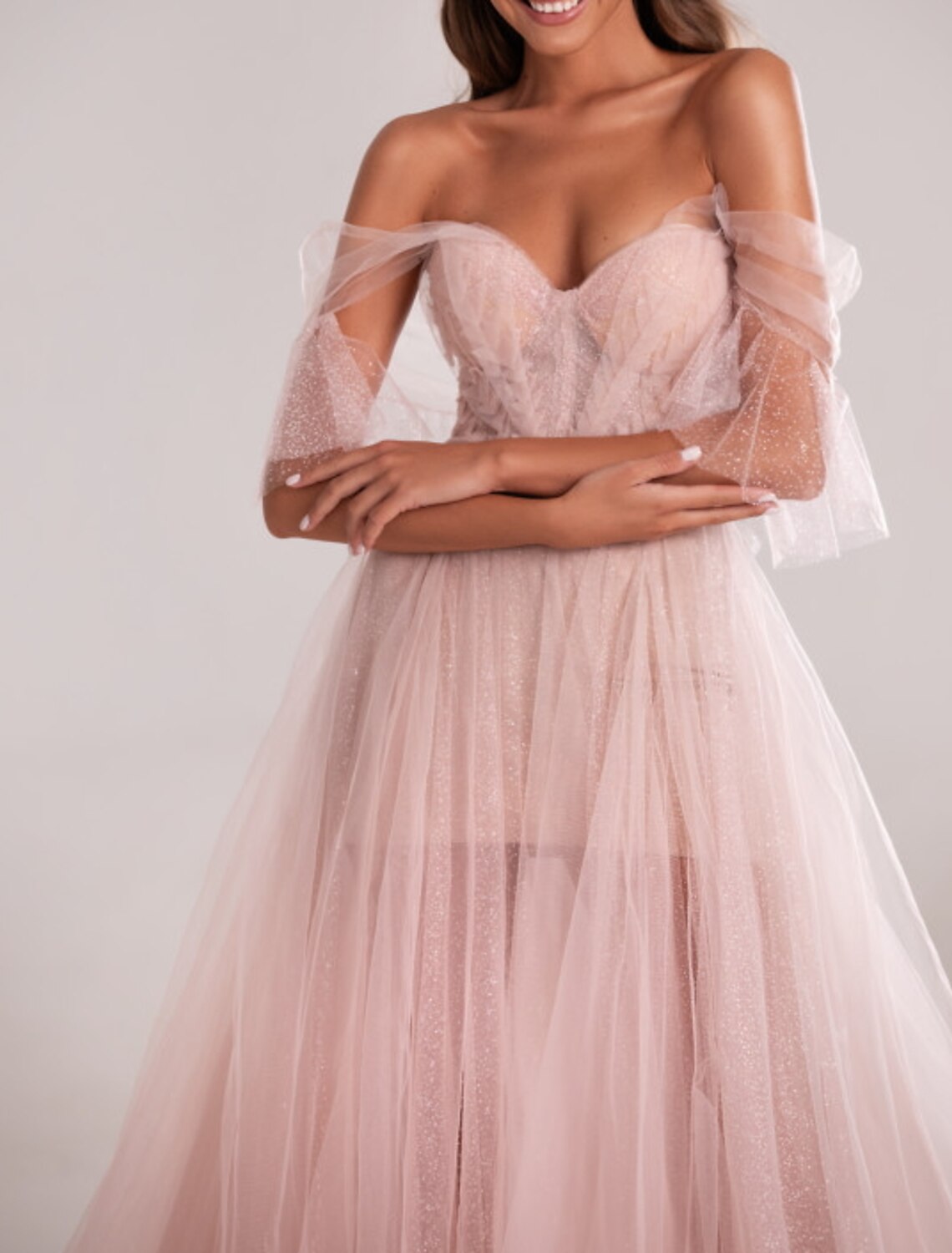A-Line Elegant Engagement Formal Evening Dress Sweetheart Neckline Sleeveless Court Train Tulle with Bow(s) Pleats