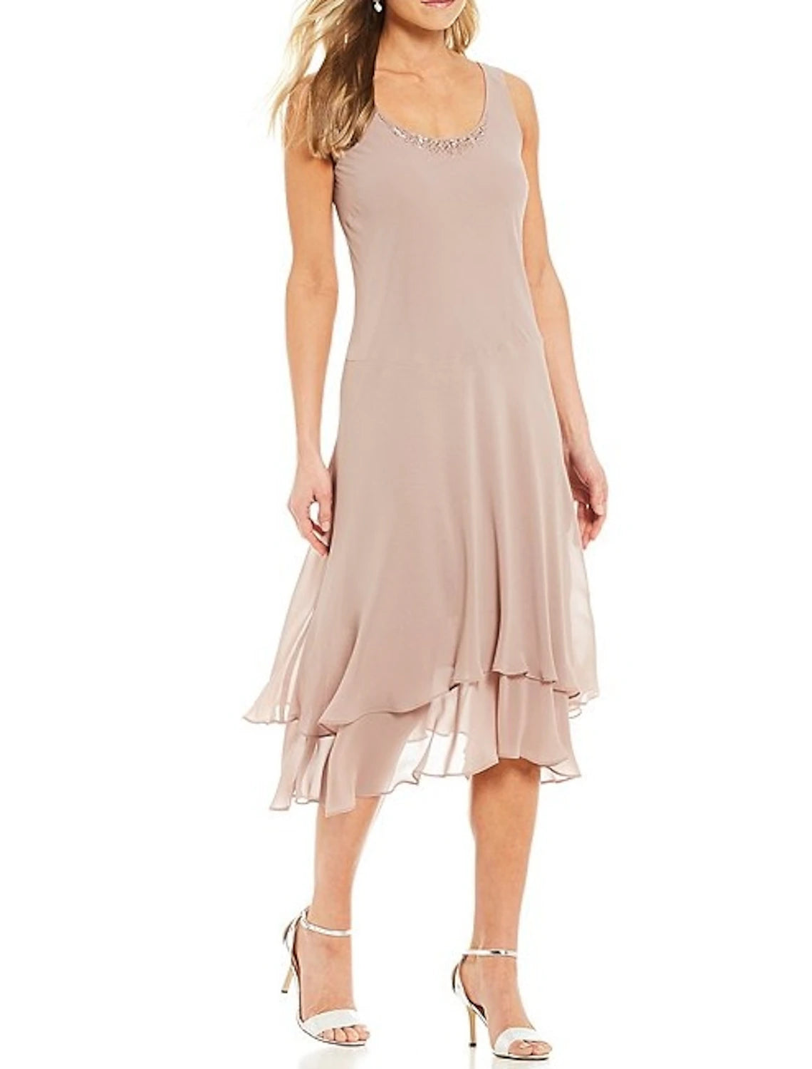 Two Piece A-Line Mother of the Bride Dress Fall Wedding Guest Elegant Jewel Neck Tea Length Chiffon Long Sleeve with Beading Cascading Ruffles