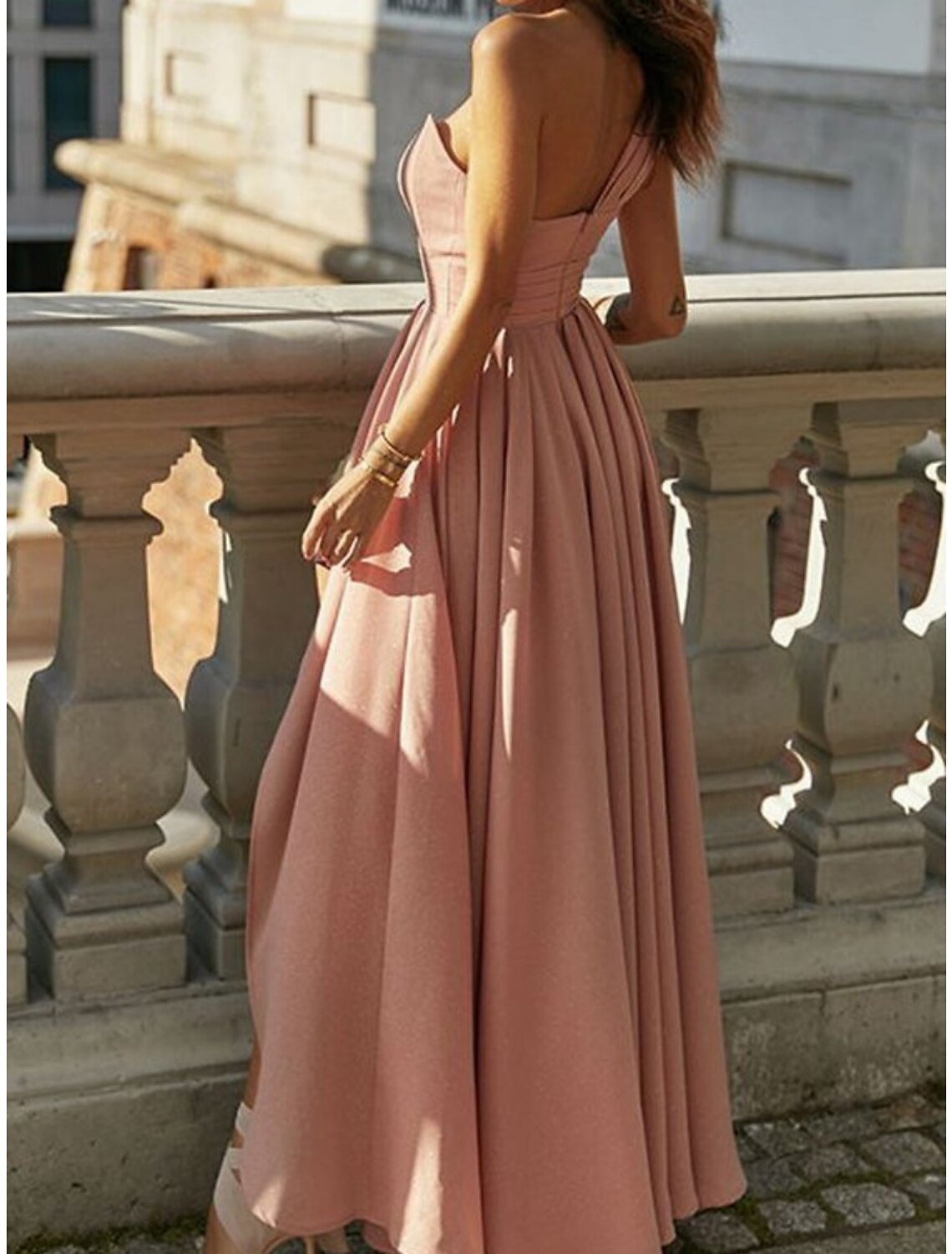 Women's Party Dress Homecoming Dress Wedding Guest Dress Long Dress Maxi Dress Pink Sleeveless Pure Color Pleated Summer Spring One Shoulder Party Birthday Wedding Guest Vacation Slim