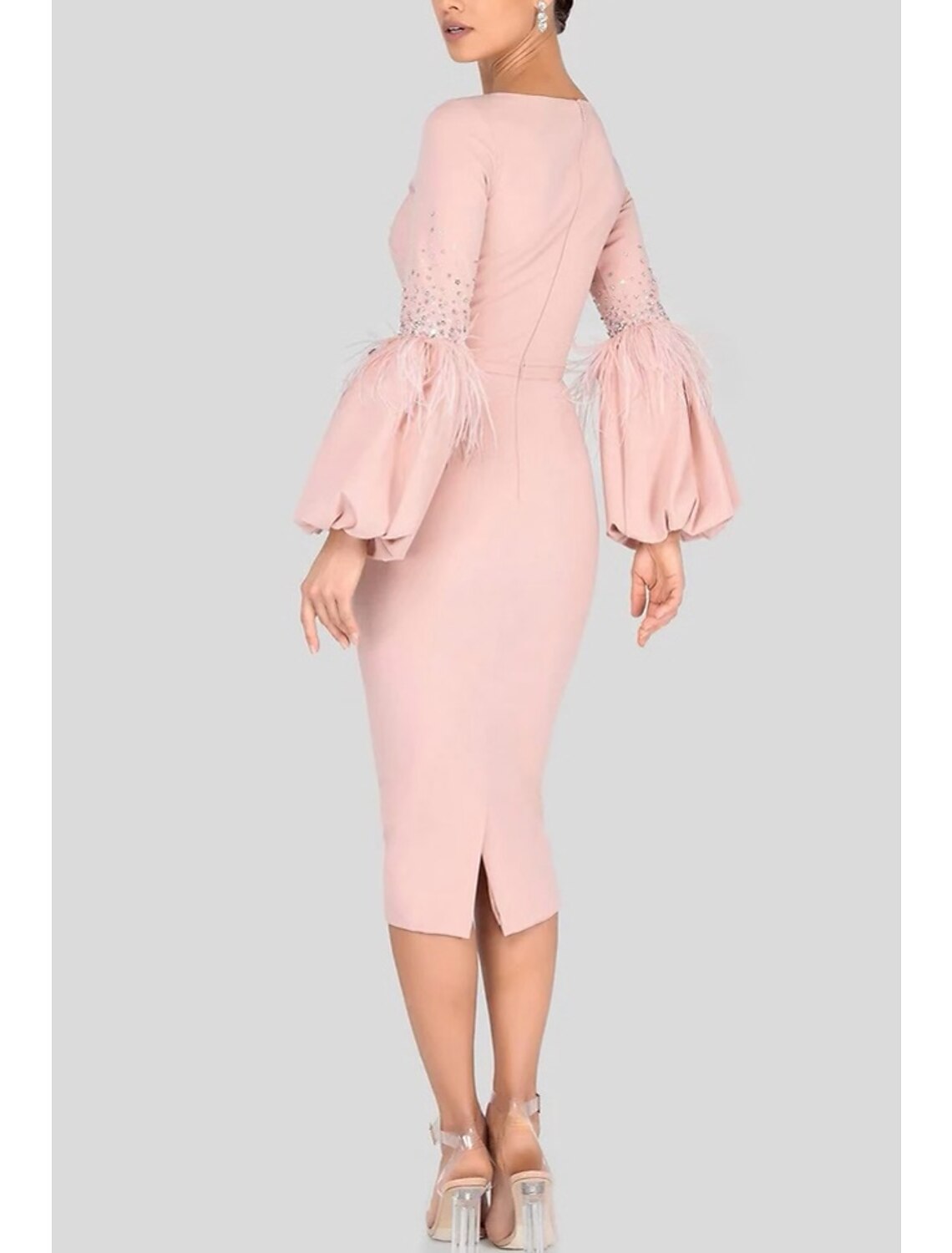 Sheath / Column Pink Evening Gown Elegant Dress Formal Black Dress Tea Length 3/4 Length Sleeve Square Neck Stretch Fabric with Feather