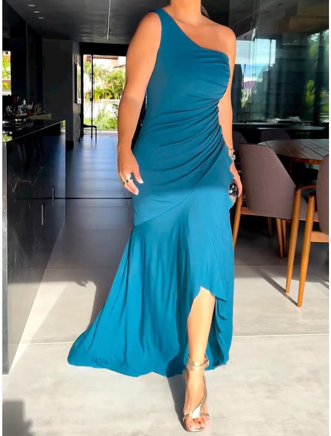 Women's Prom Dress Party Dress Wedding Guest Dress Long Dress Maxi Dress Blue Green Sleeveless Pure Color Plus High Low Spring Fall Winter One Shoulder Fashion Winter Dress Wedding Guest Evening Party