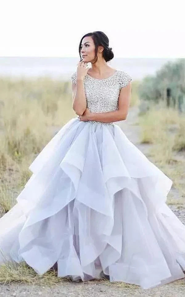 Buyishang Adorable Country Style Organza Ruffled Cap-sleeve Ball Gown Wedding Dress