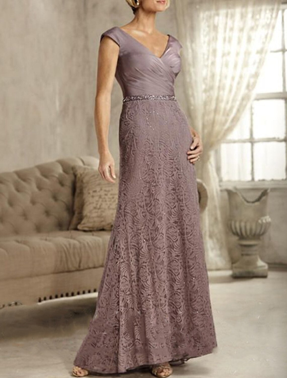 A-Line Mother of the Bride Dress Wedding Guest Simple Elegant V Neck Floor Length Chiffon Satin Lace Sleeveless with Sash / Ribbon Appliques