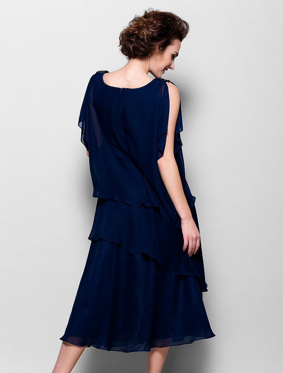 A-Line Mother of the Bride Dress Plus Size Elegant Cowl Neck Tea Length Chiffon Short Sleeve with Ruffles Crystal Brooch