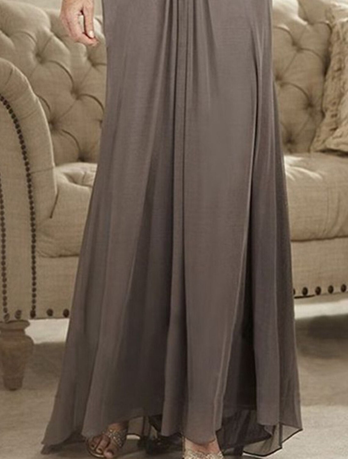 A-Line Mother of the Bride Dress Wedding Guest Simple Elegant Jewel Neck Floor Length Chiffon Lace 3/4 Length Sleeve with Crystals Appliques