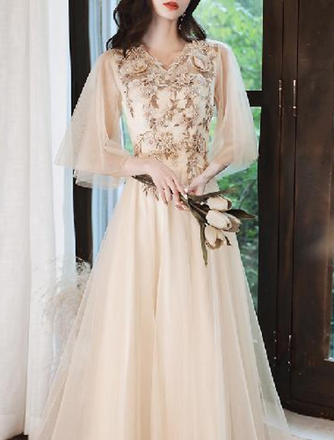 A-Line Prom Dresses Cute Dress Valentine's Day Wedding Guest Floor Length Half Sleeve V Neck Tulle with Beading Appliques