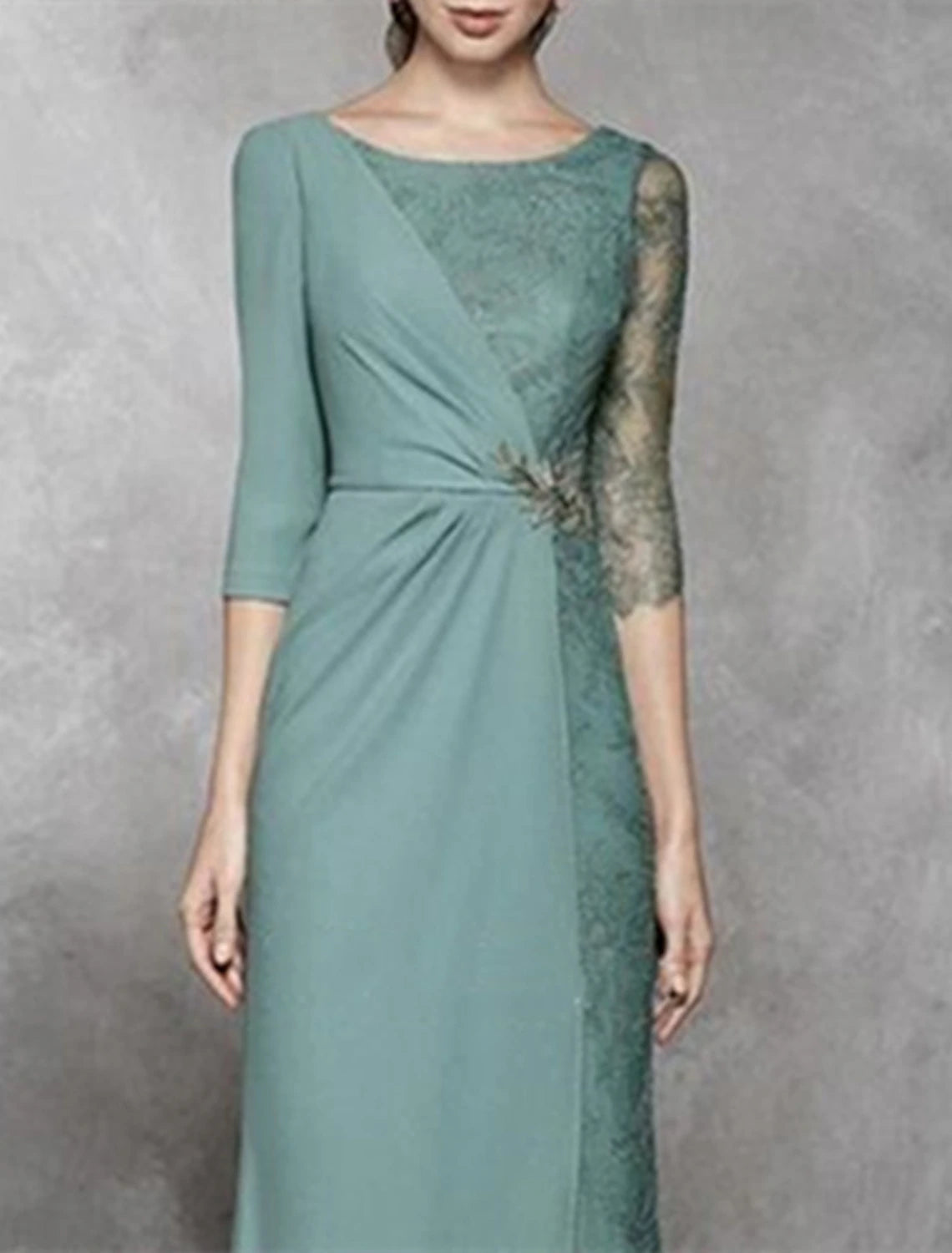 A-Line Mother of the Bride Dress Wedding Guest Elegant Jewel Neck Floor Length Chiffon Lace 3/4 Length Sleeve No with Appliques Color Block
