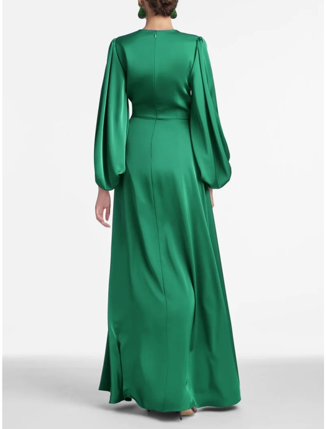 Green Satin Formal A-Line Long Sleeve Evening Gown Black Party Dress High Split Fall wedding guest Dress Floor Length V Neck with Ruched Slit
