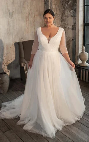 Buyishang Casual V-neck A Line Tulle Court Train Wedding Dress with Ruching