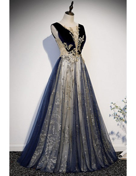 Blue Tulle And Gold Sequins Long Prom Dress Sleeveless