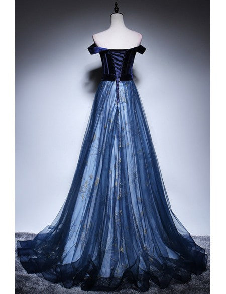 Navy Blue Velvet And Tulle Prom Dress with Stars