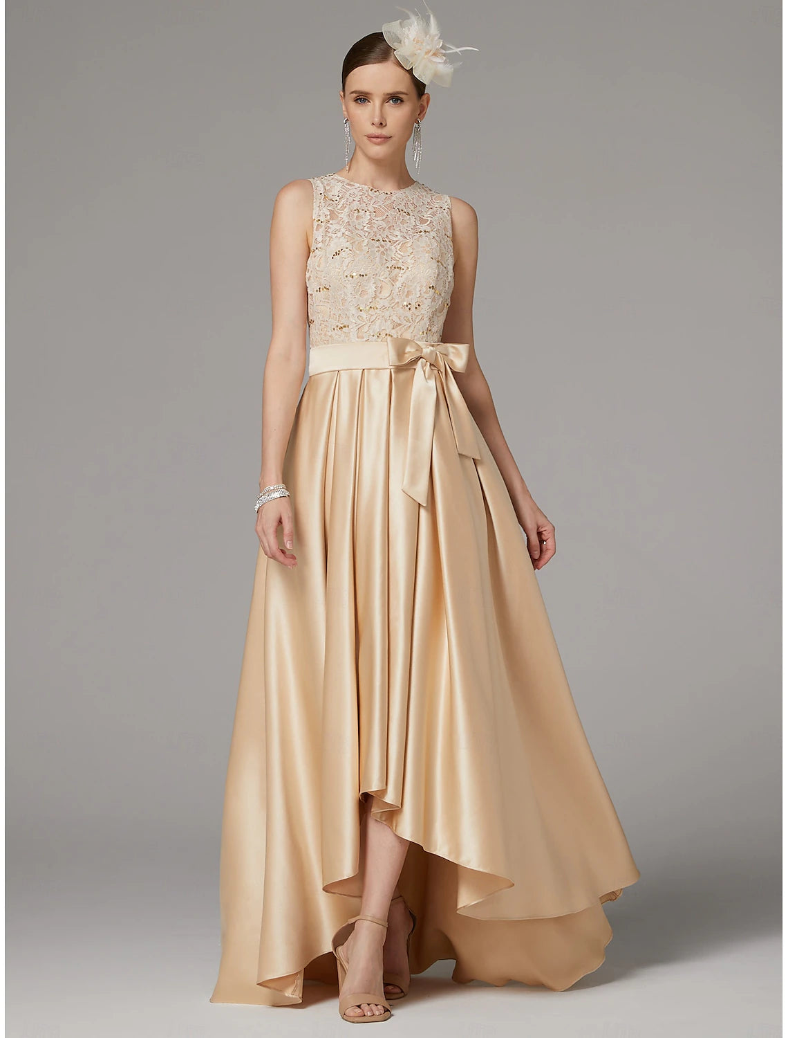 Buyishang A-Line Dress Mother of the Bride Dress Elegant High Low Jewel Neck Asymmetrical Satin Lace Sleeveless with Bow(s) Pleats