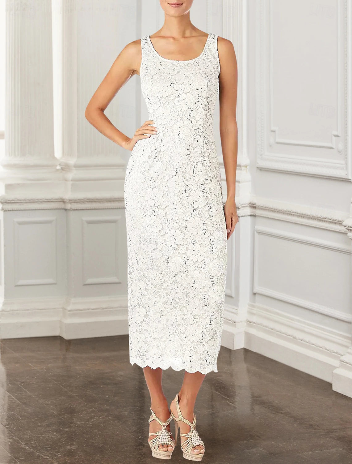 Buyishang Two Piece Sheath Mother of the Bride Dress Elegant Jewel Neck Tea Length Lace 3/4 Length Sleeve Jacket Dresses with Lace