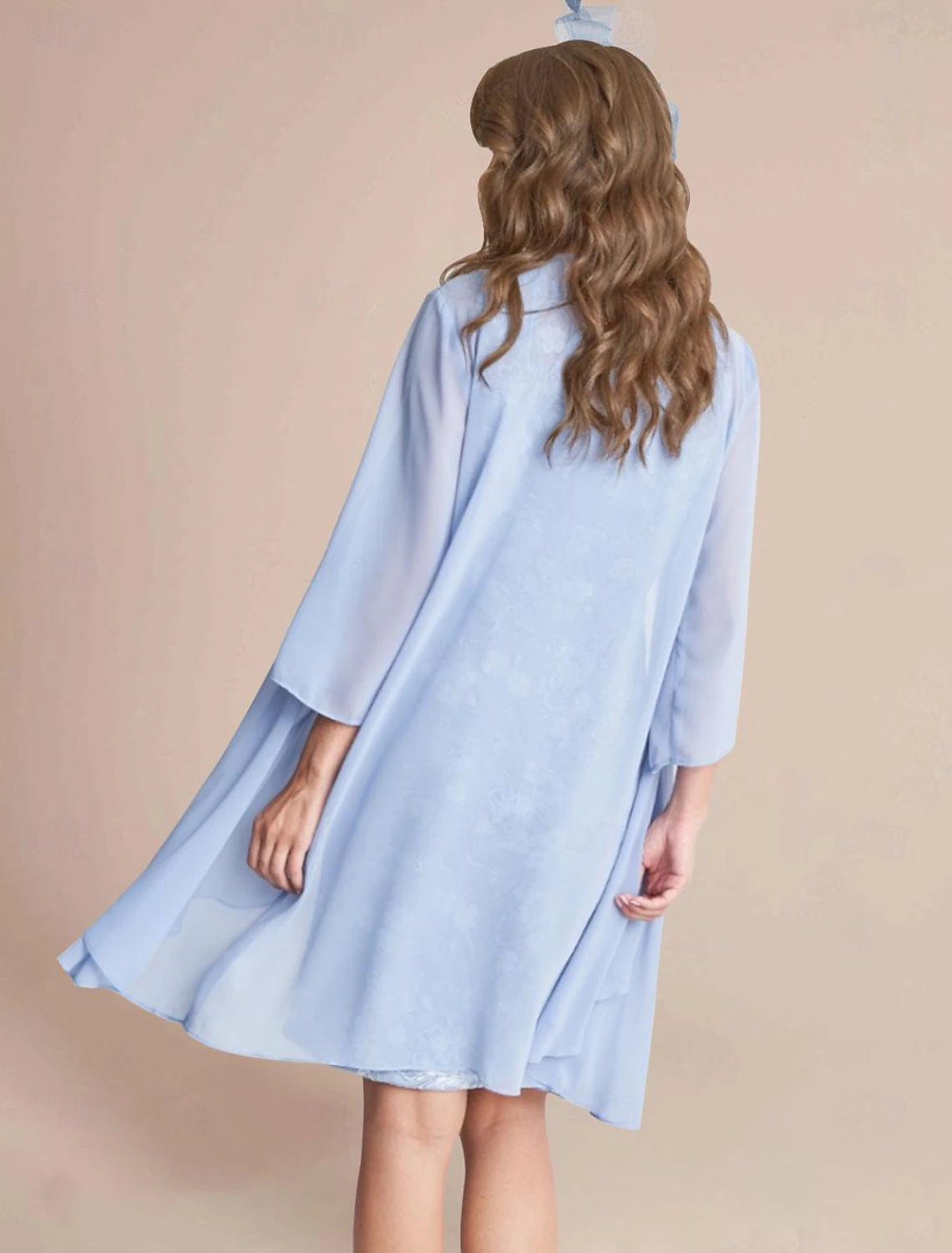 Buyishang Two Piece Sheath / Column Mother of the Bride Dress Elegant Jewel Neck Knee Length Lace Stretch Chiffon 3/4 Length Sleeve Wrap Included Jacket Dresses with Lace free custom size