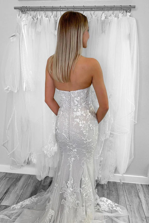 Buyishang Mermaid Strapless Tulle Appliques Wedding Dresses