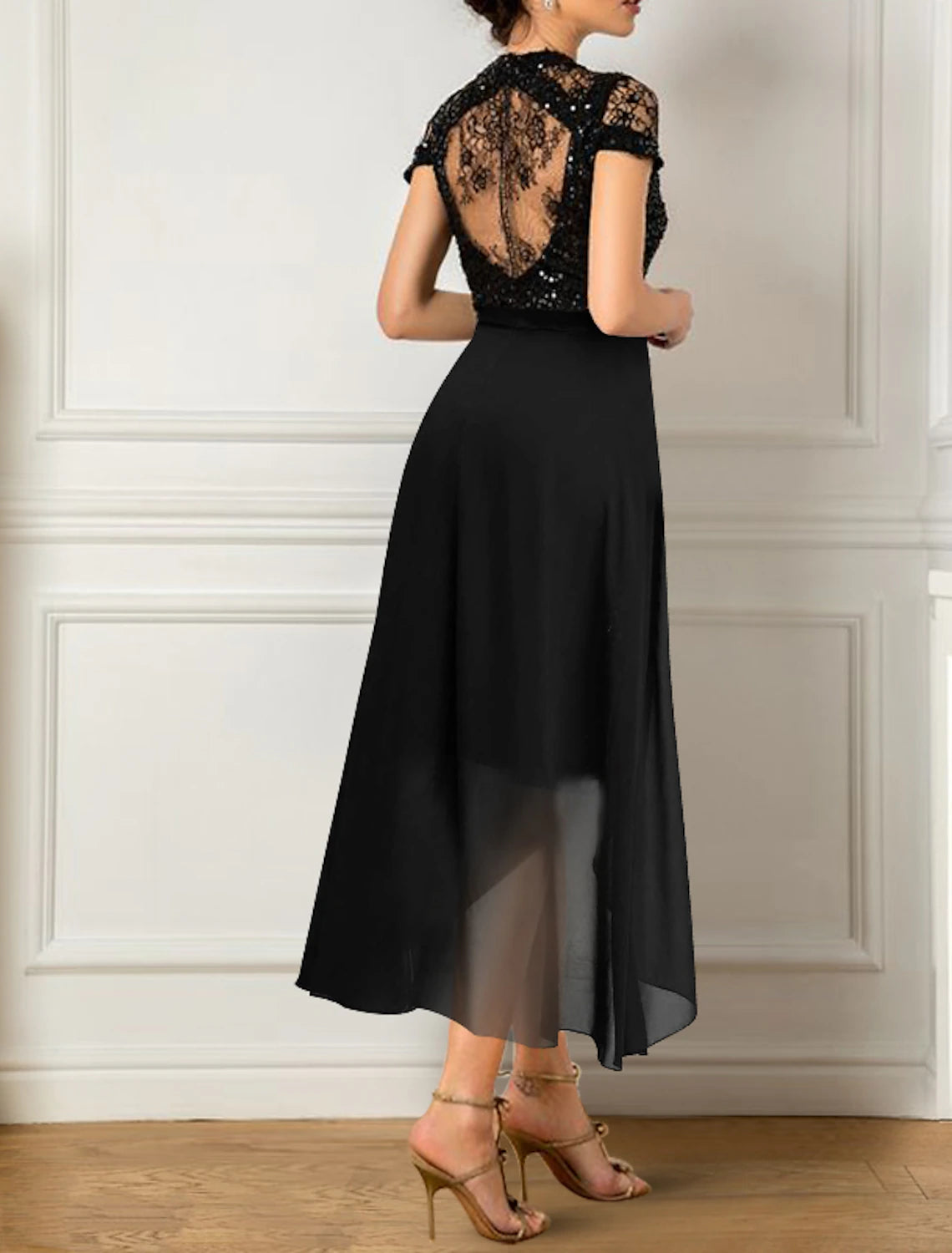 Two Piece Sheath / Column Mother of the Bride Dress Formal Wedding Guest Party Sparkle & Shine Elegant V Neck Knee Length Chiffon Sequined Short Sleeve with Bow(s)