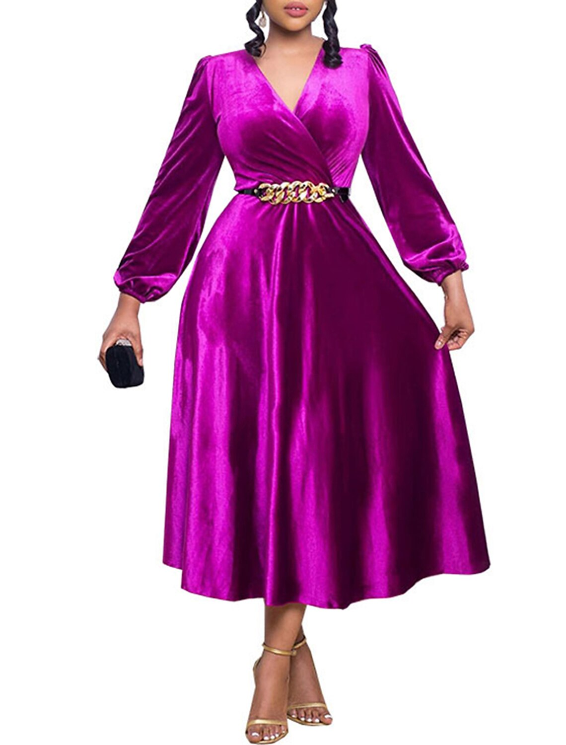 Women's Plus Size Curve Party Dress Green Velvet Dress Cocktail Dress Plain Midi Dress Long Sleeve Lace up Ruched V Neck Fashion Party