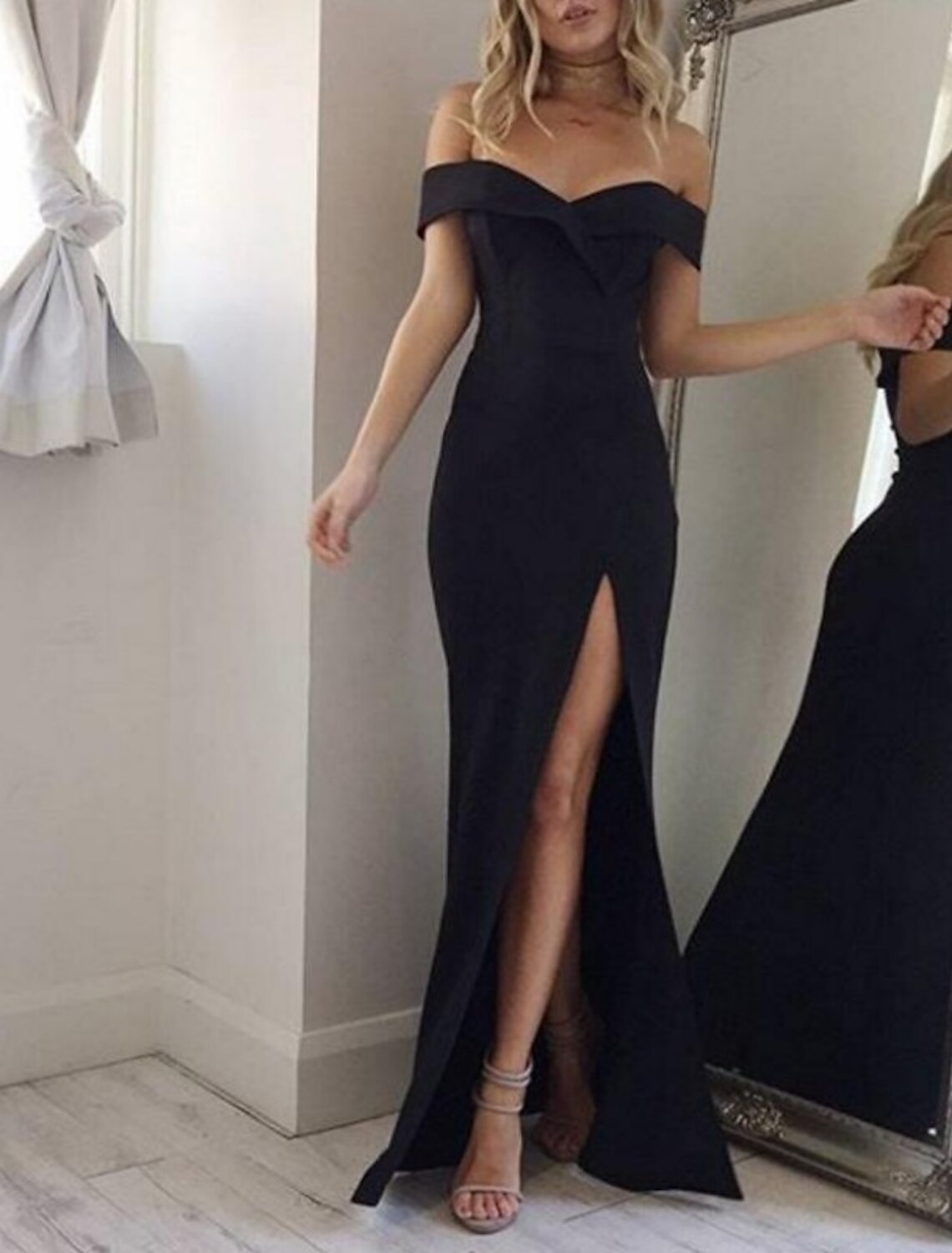 Women's Prom Party Dress Sheath Dress Long Dress Maxi Dress Pink pink whitewhite Black Short Sleeve Pure Color Split Spring Fall Autumn Off Shoulder Party