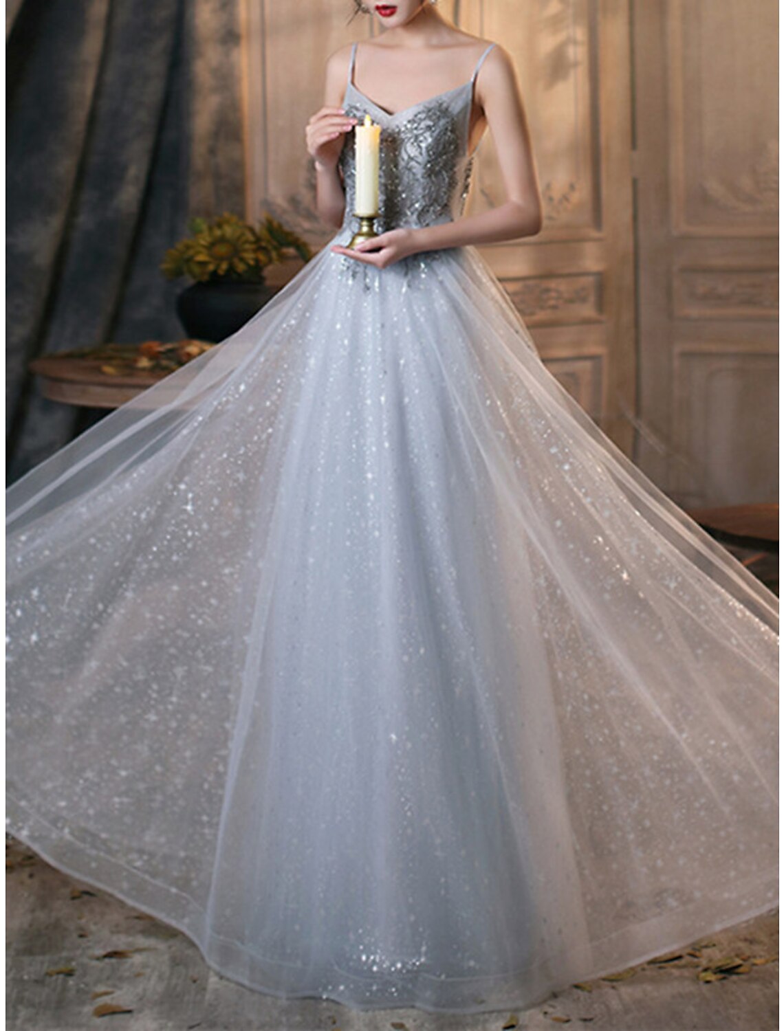 A-Line Sparkle Elegant Prom Formal Evening Dress V Neck Sleeveless Floor Length Tulle with Pleats Beading