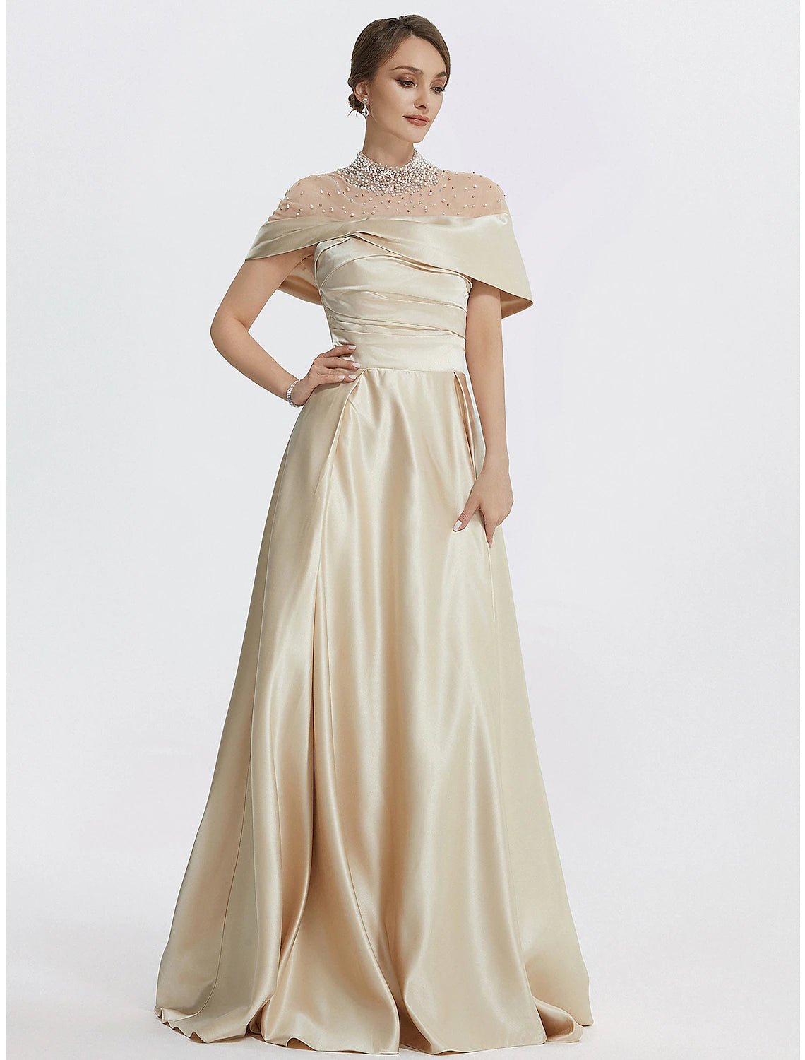 A-Line Evening Gown Elegant Dress Formal Prom Floor Length Sleeveless High Neck Italy Satin with Ruched Pearls
