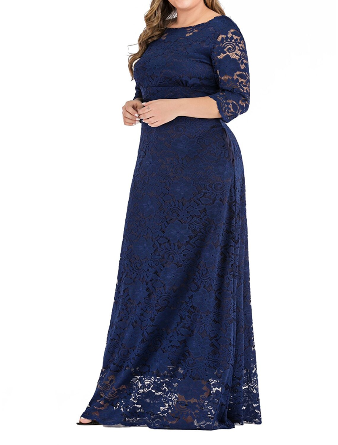 Women's Plus Size Prom Dress Party Dress Lace Dress Long Dress Maxi Dress Black Red Dark Blue 3/4 Length Sleeve Plain Lace Summer Spring Fall Crew Neck Elegant Wedding Guest Birthday Evening Party