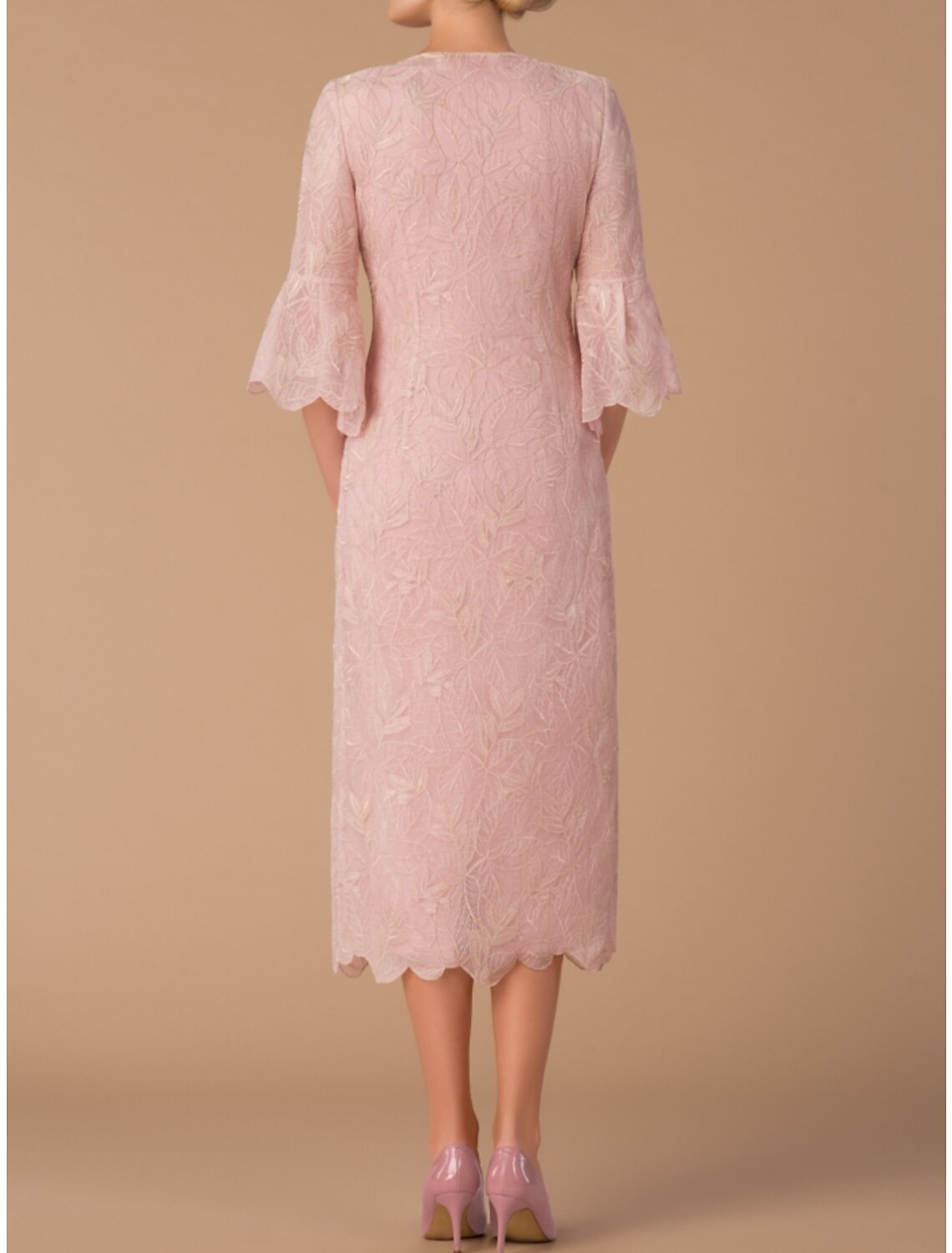 Two Piece Mother of the Bride Dress Wedding Guest Elegant Petite Jewel Neck Tea Length Chiffon Lace Half Sleeve with Ruffles Solid Color