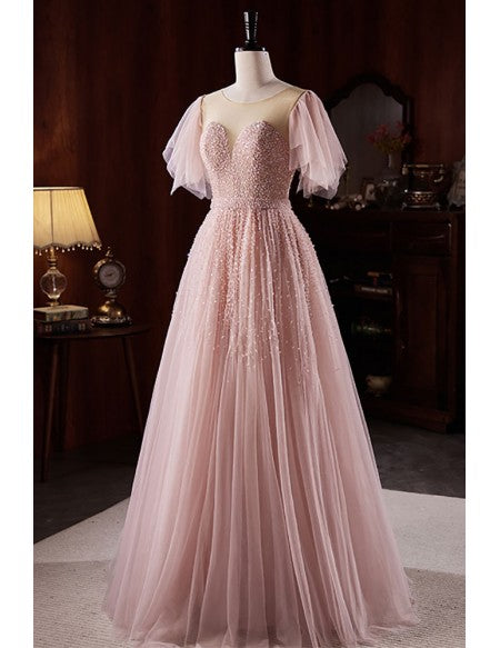 Pink Sheer Neck Sequined Tulle Prom Dress with Puffy Sleeves