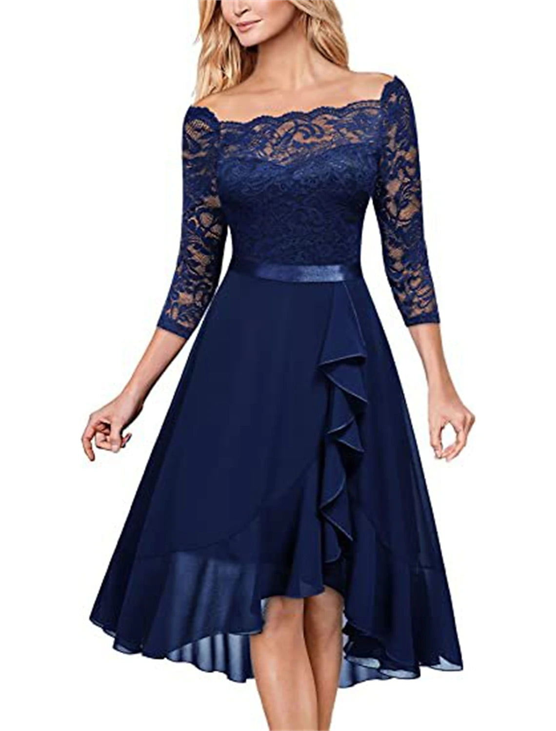 Women's Prom Dress Party Dress Lace Dress Midi Dress Pink Purple Dark Blue Long Sleeve Pure Color Lace Spring Fall Winter Off Shoulder Fashion Winter Dress Wedding Guest Birthday