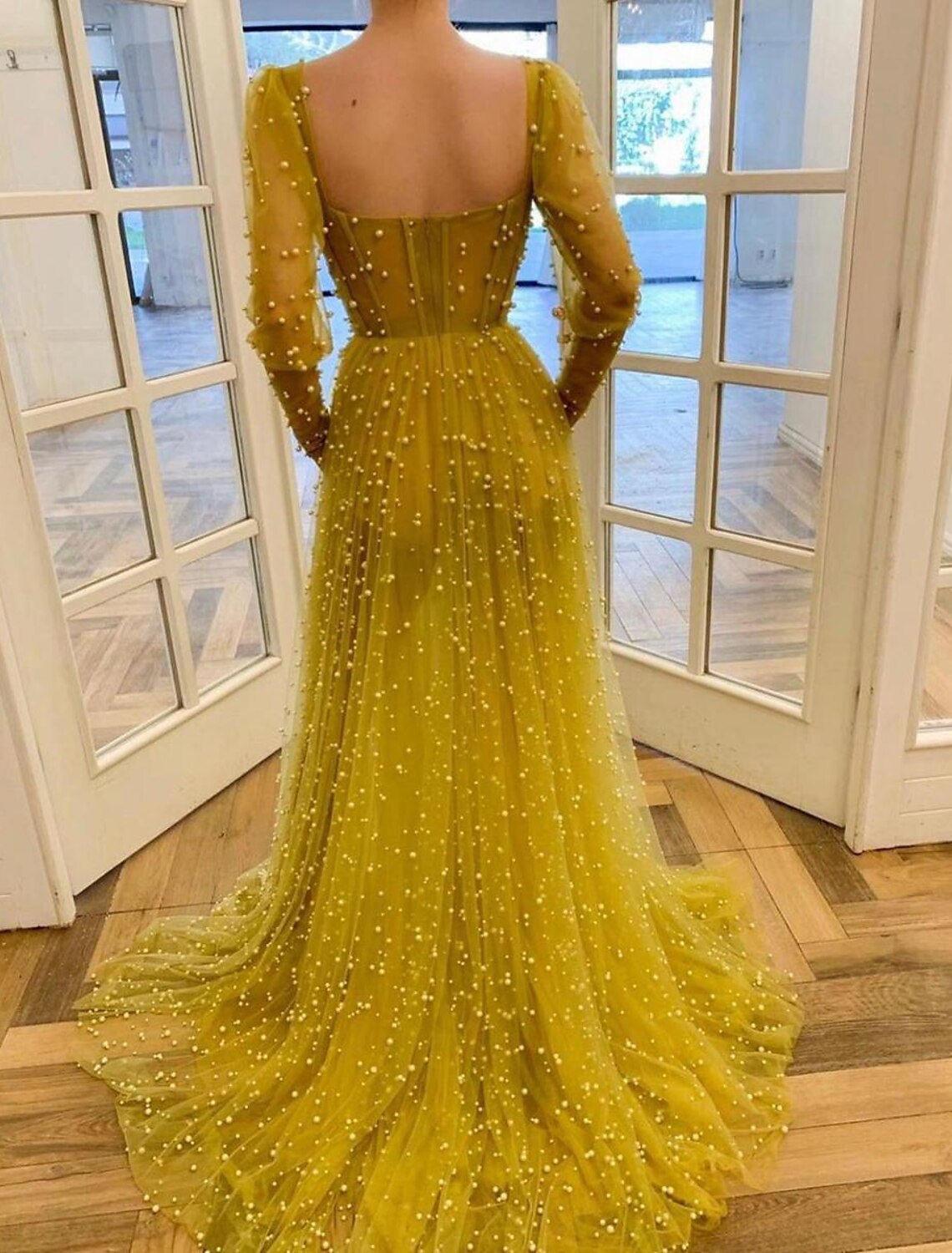 A-Line Prom Dresses Vintage Dress Wedding Guest Prom Sweep / Brush Train Long Sleeve Square Neck Tulle with Beading Pure Color