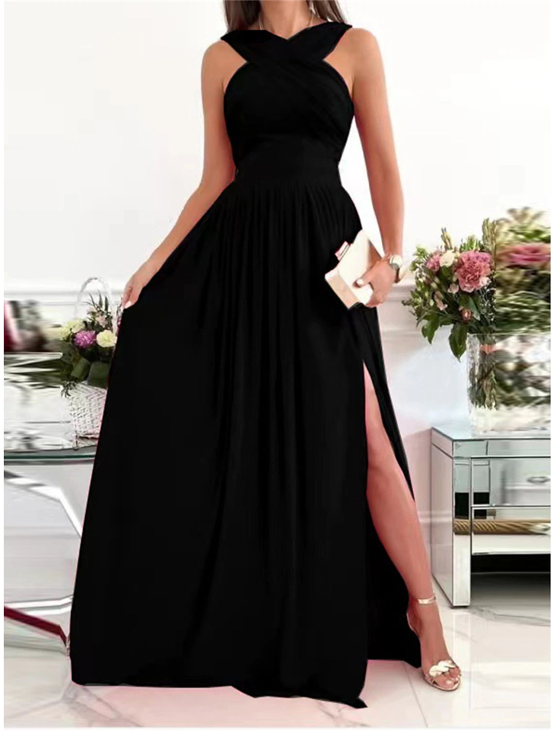 Women's Black Dress Prom Dress Christmas Party Dress Long Dress Maxi Dress Black Wine Red Sleeveless Pure Color Ruched Spring Fall Winter Halter Neck