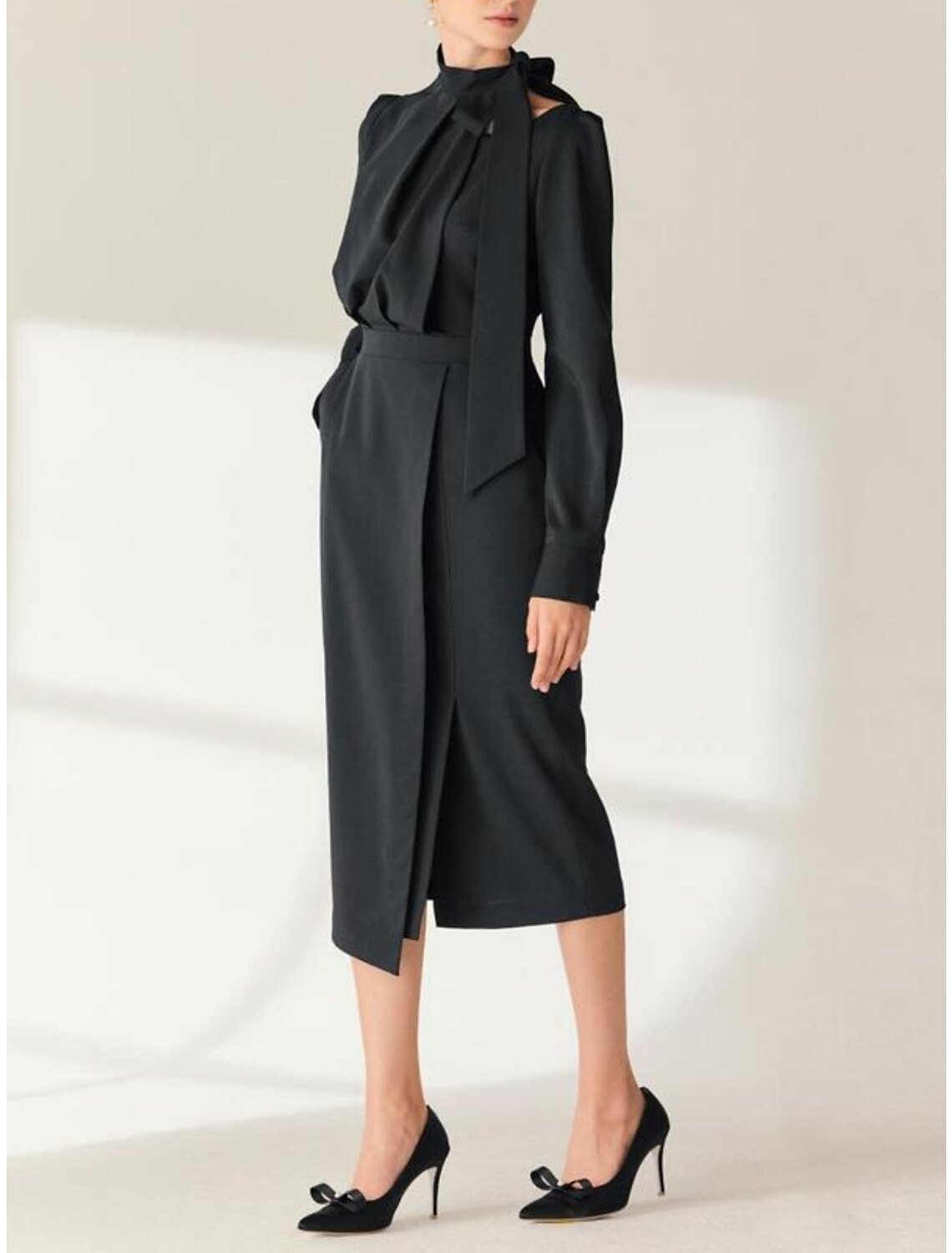 Sheath / Column Mother of the Bride Dress Wedding Guest Elegant Petite High Neck Tea Length Stretch Chiffon Long Sleeve with Bow(s) Split Front Ruching