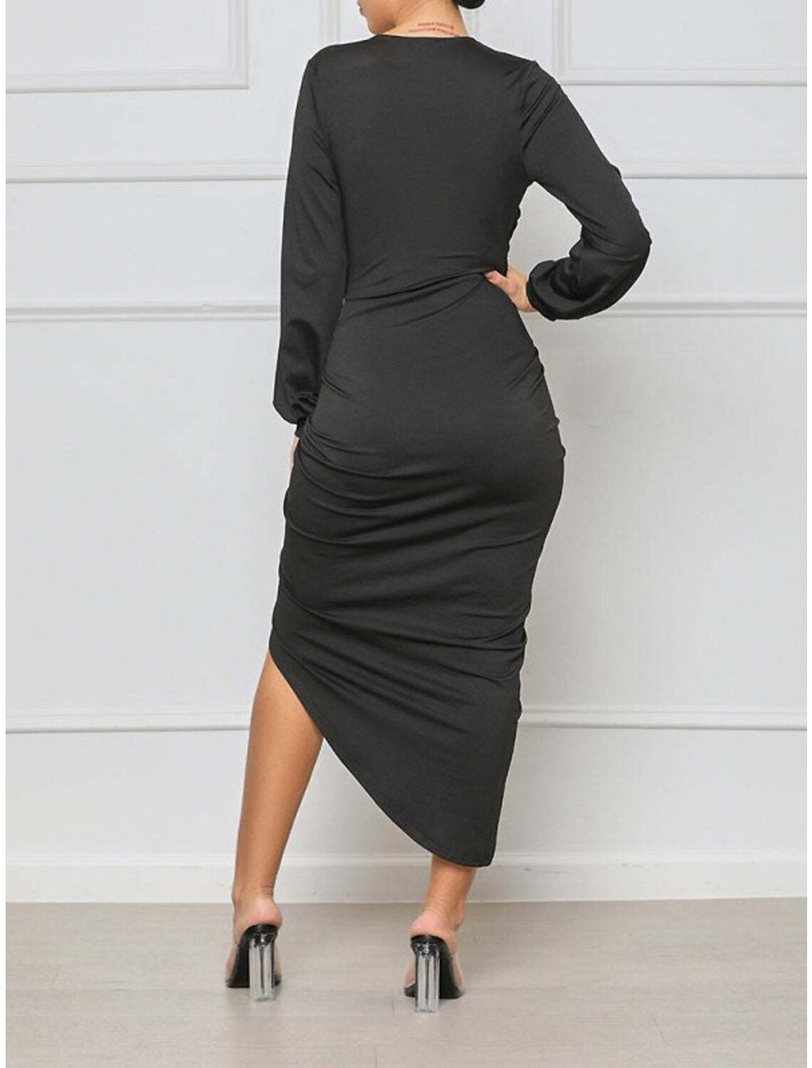 Women‘s Semi Formal Dress Party Dress Wedding Guest Dress Bodycon Shift Dress Midi Dress Black Blue Purple Long Sleeve Pure Color Ruched Winter Fall Autumn Deep V Party Winter Dress