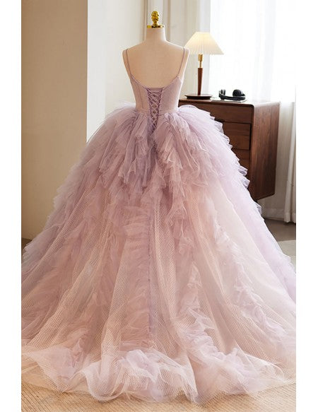 Unique Pink Ruffled Puffy Tulle Ballgown Formal Prom Dress with Straps