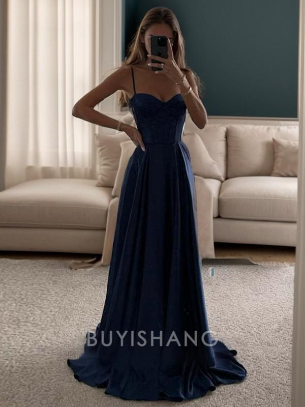 Buyishang A-line Spaghetti Straps Ruffles Sweep Train Silk Like Satin Corset Dress