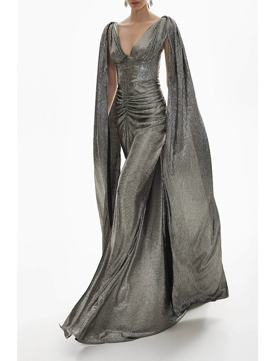 Mermaid Evening Gown Sparkle Carnival Cape Dress Formal Fall Sweep / Brush Train Long Sleeve V Neck Sequined with Glitter Ruched