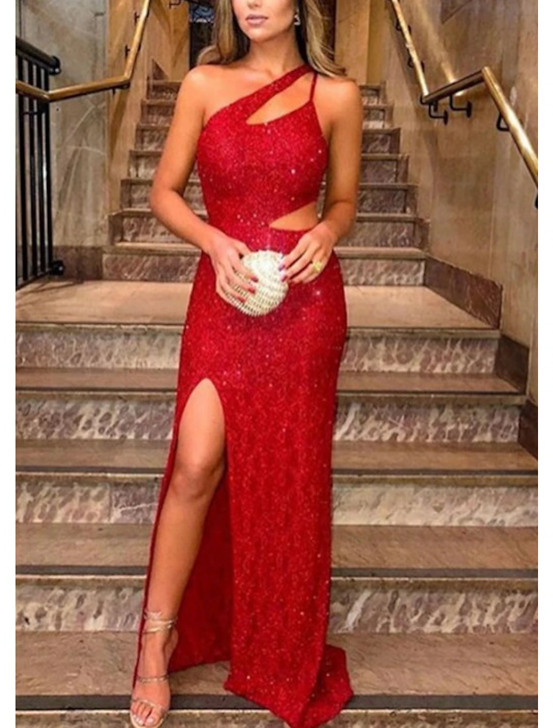 A-Line Evening Gown Elegant Dress Formal Prom Floor Length Sleeveless One Shoulder Sequined with Glitter Sequin