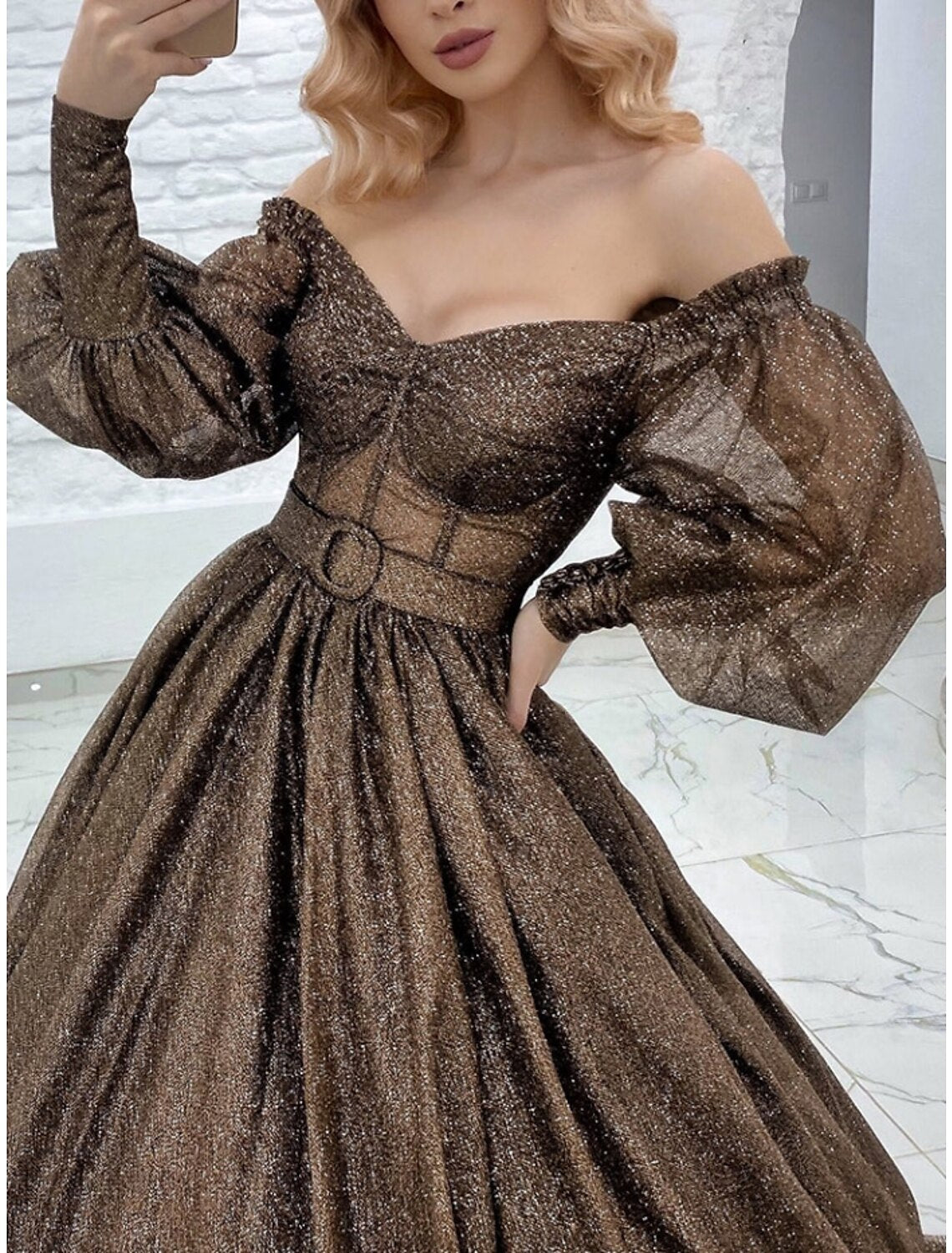 A-Line Evening Gown Elegant Dress Formal Court Train Long Sleeve Off Shoulder Lurex Fabric with Pleats Strappy