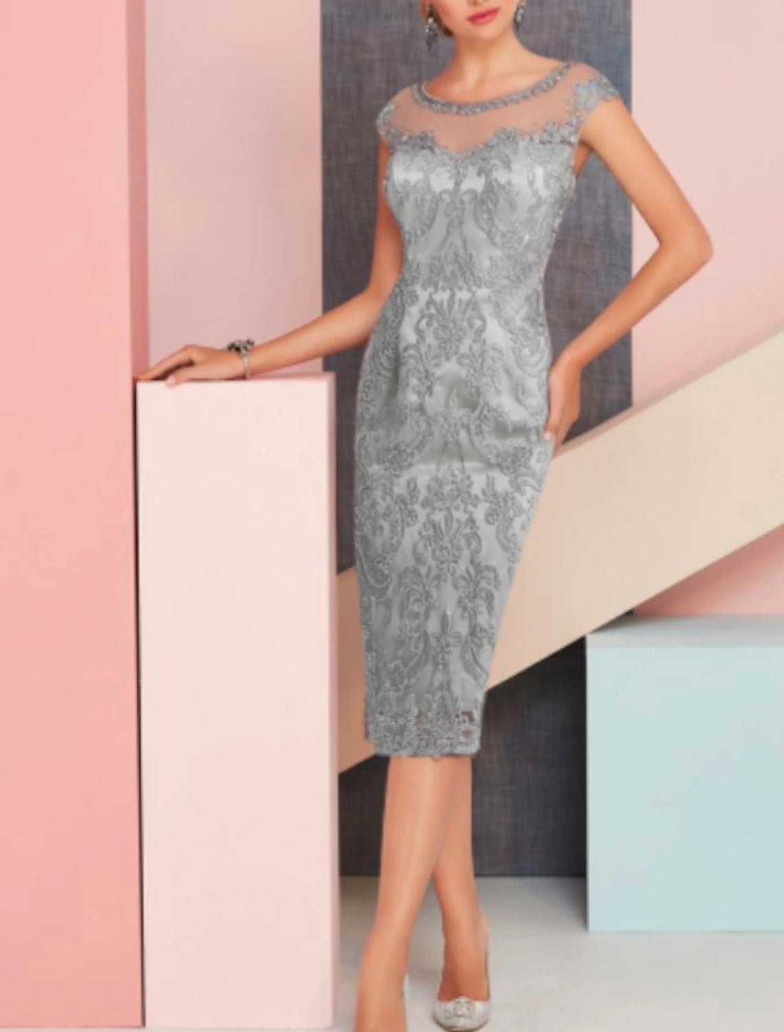 Two Piece Mother of the Bride Dress Church Vintage Plus Size Sexy Jewel Neck Tea Length Chiffon 3/4 Length Sleeve with Lace