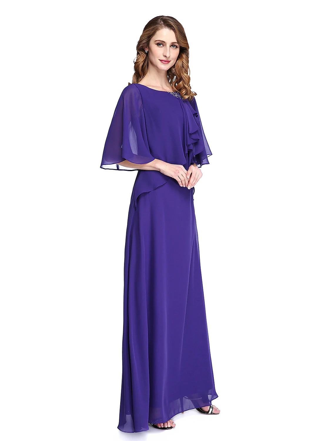 Sheath / Column Mother of the Bride Dress Elegant Open Back Jewel Neck Floor Length Chiffon Half Sleeve with Pleats Beading Ruffle