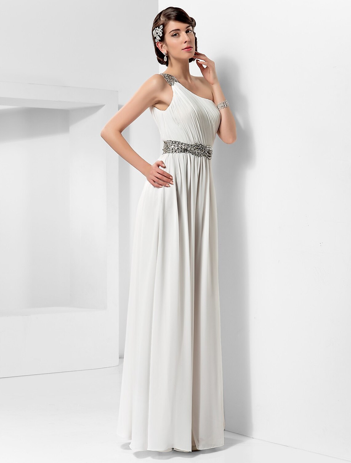 Sheath / Column One Shoulder Floor Length Chiffon Dress with Beading / Draping