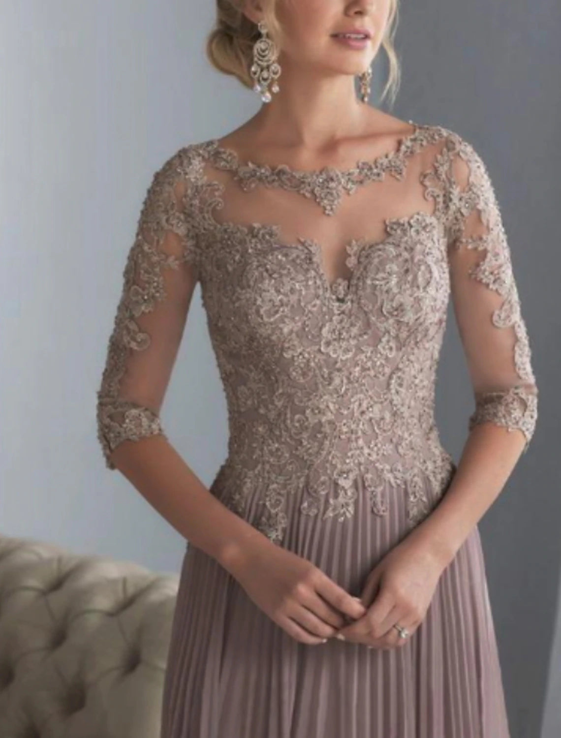 A-Line Mother of the Bride Dress Plus Size Elegant See Through Bateau Neck Sweep / Brush Train Chiffon Lace Half Sleeve with Sash / Ribbon Appliques