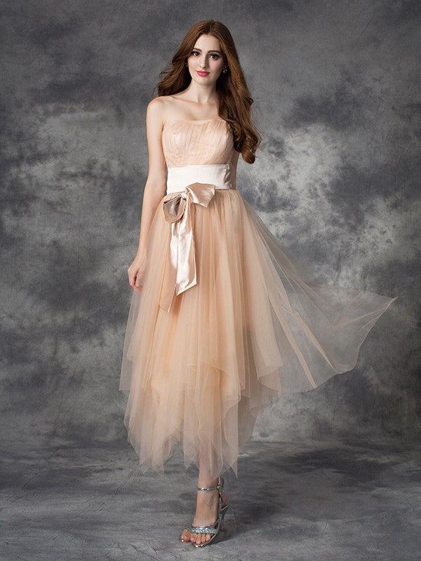 A-line/Princess Strapless Bowknot Sleeveless Long  Woven Satin Dresses