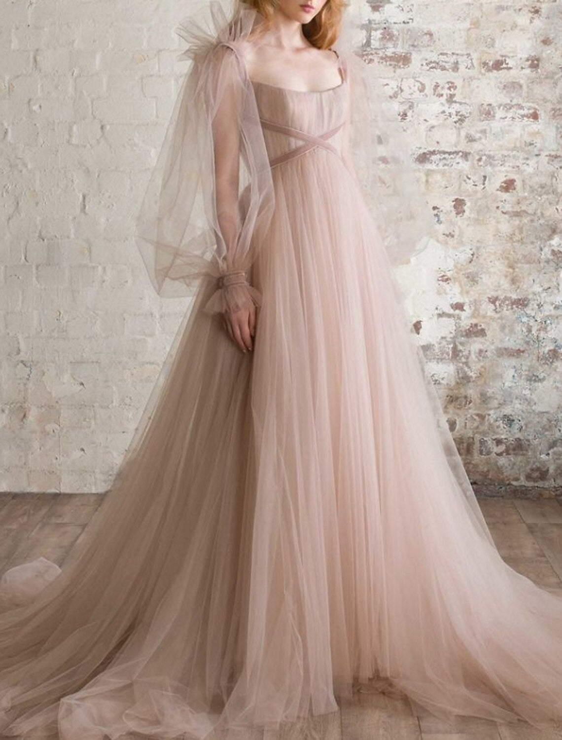 A-Line Evening Gown Elegant Dress Engagement Formal Evening Sweep / Brush Train Long Sleeve Scoop Neck Tulle with Pleats Ruched